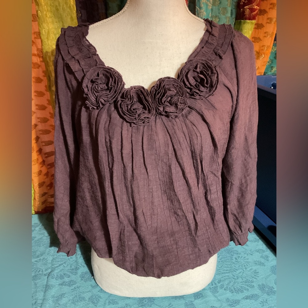 Mine. A Boutique purple rosette blouse smocked waist Large - Picture 1 of 4